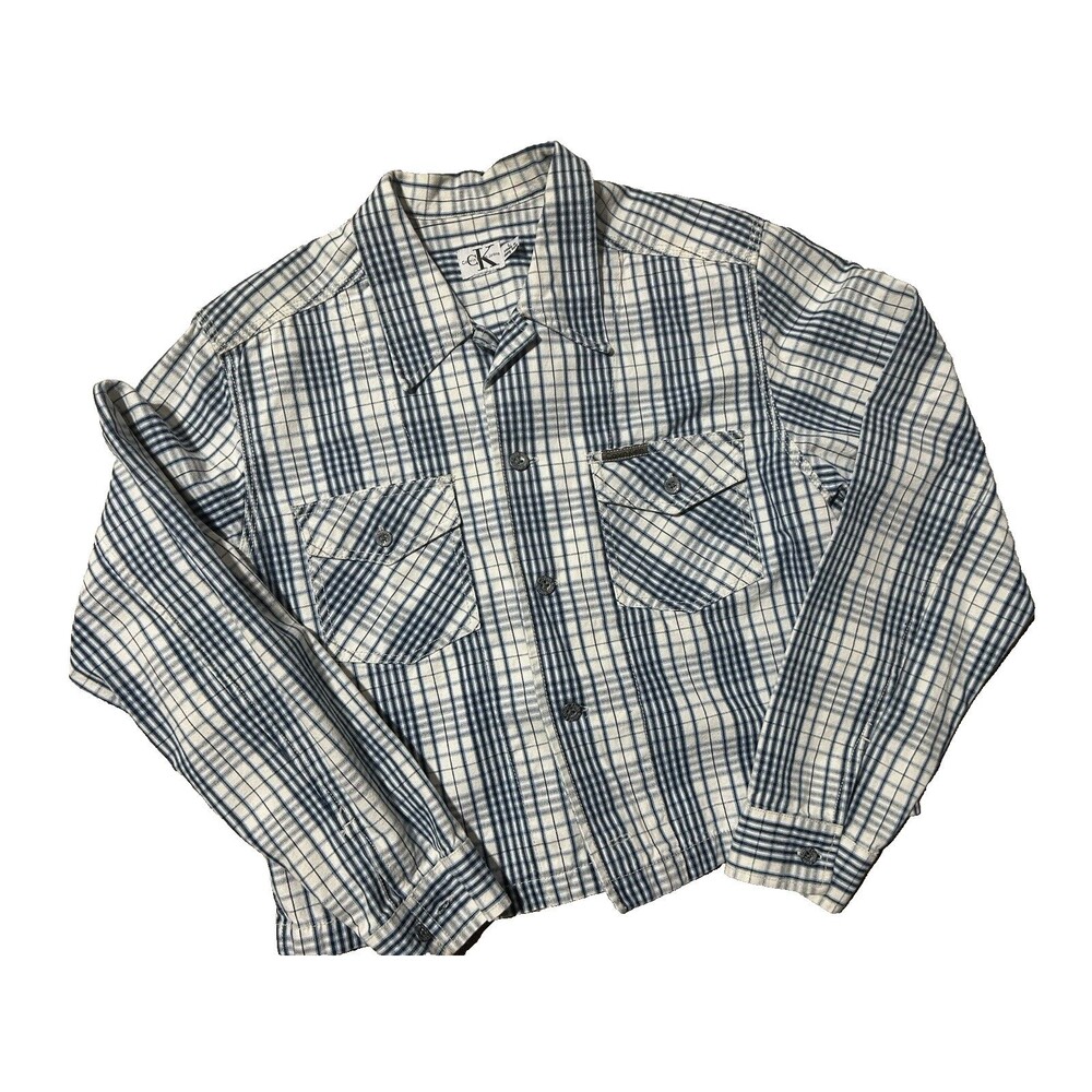 Calvin Klein CK Blue Plaid Jean Jacket Women's L - Denim Cropped‎